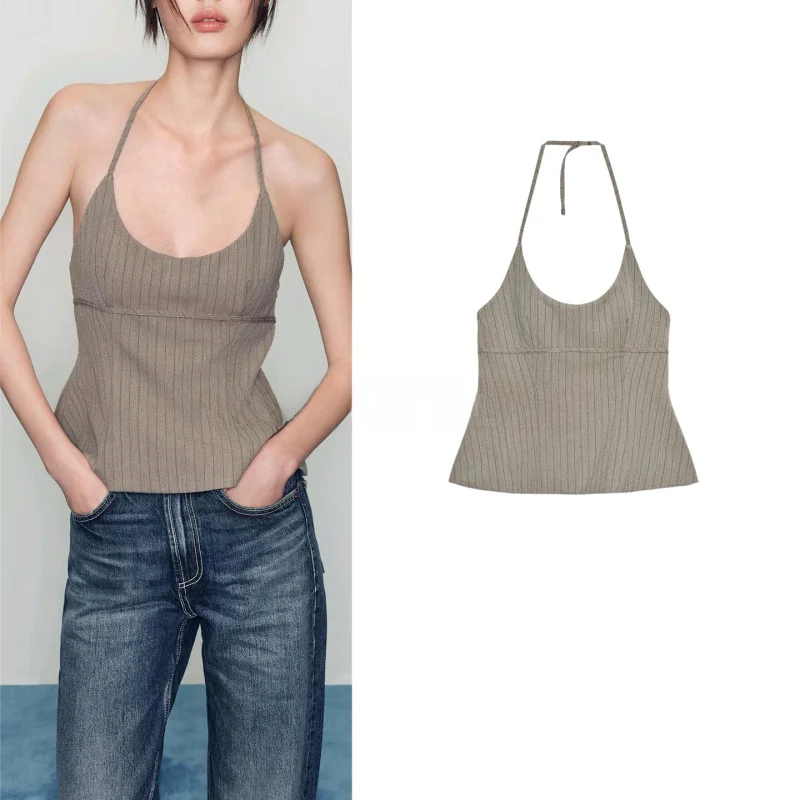 

New Autumn Women's Bal Design Simple Strap Neline Top Thin Stripe Casual Sle Polyester Fiber Outerwear Vest