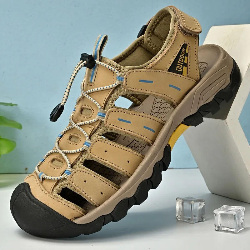 

Мужские сандалии из натуральной кожи, классические дышащие слипоны, повседневные уличные пляжные сандалии-кроссовки 2026