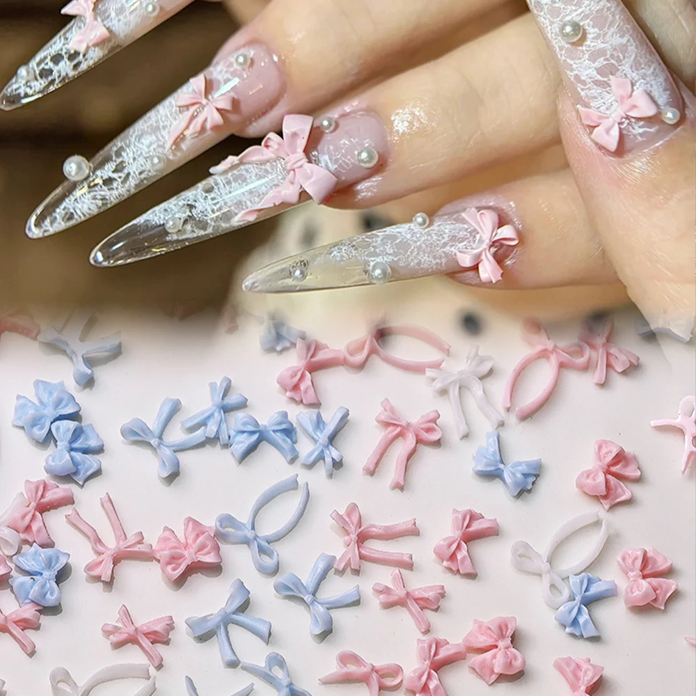 

100Pcs 3D Mini Resin Ribbon Bows Nail Charms Pink/Blue/White Solid Color Mixed Style Bowknot Nail Decoratio Sweet DIY Nail Parts