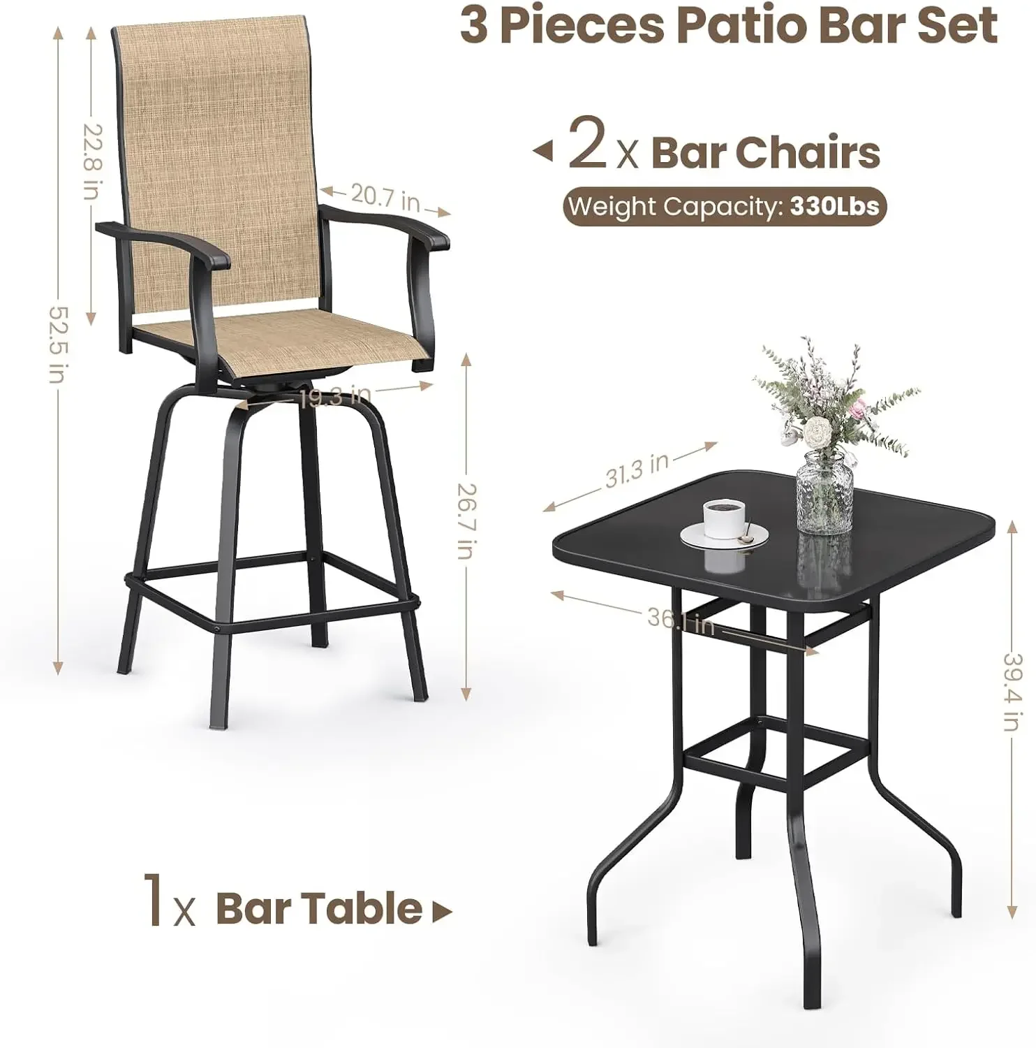 [¡Alta calidad, oferta caliente! ]Juego de bar para patio de 3 piezas con taburetes de bar giratorios de textileno, mesa de vidrio templado de altura para barra para todo tipo de clima y