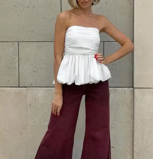 

Summer New Sexy Solid Color Pleated Flower Bud Waistband Strapless Vest Fashionable Slim Fit Off Shoulder Temperament for Women