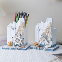 Mediterranean Style Wooden Pen Holder Large Capacity Handmade Pencil Storage Box Ocean Style Pen Container Home Party Decor Gift