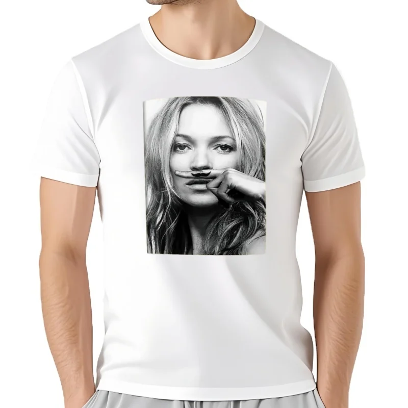Kate Camiseta de algodón con estampado de bigote para hombre, camisa de manga corta con cuello redondo, color blanco y