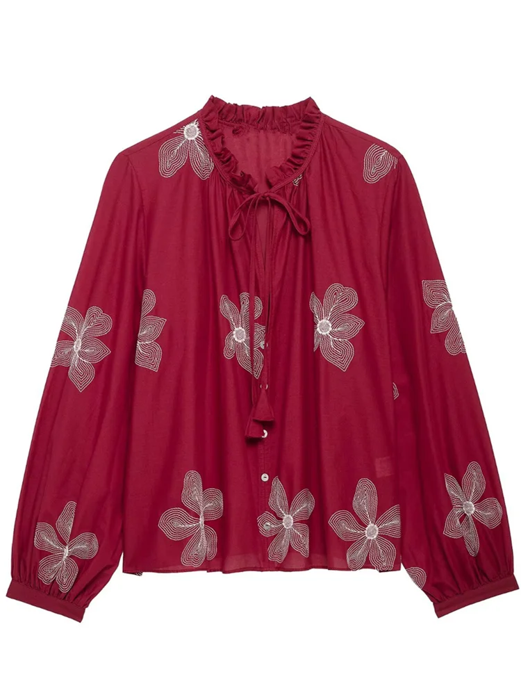 Zevity New Women Fashion Ruffled Collar Flower Embroidery Casual Blouse Female Long Sleeve Shirt Chic Chemise Blusas Tops LS2617