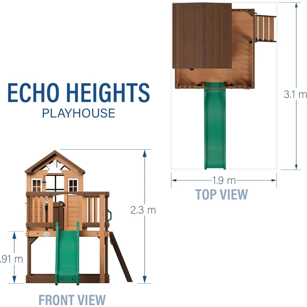 Heights Elevated Cedar Playhouse，Play Kitchen,Powered Blender, 6 Ft Wave Slide, Wrap-Around Deck, Flat Step Ladder, Growth Chart