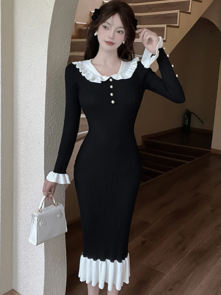 

Autumn Winter Black Knitted Patchwork Ruffled Long Dress Women Elegant Long Sleeve Doll Collar Dress 2025 Korean Vintage Dresses