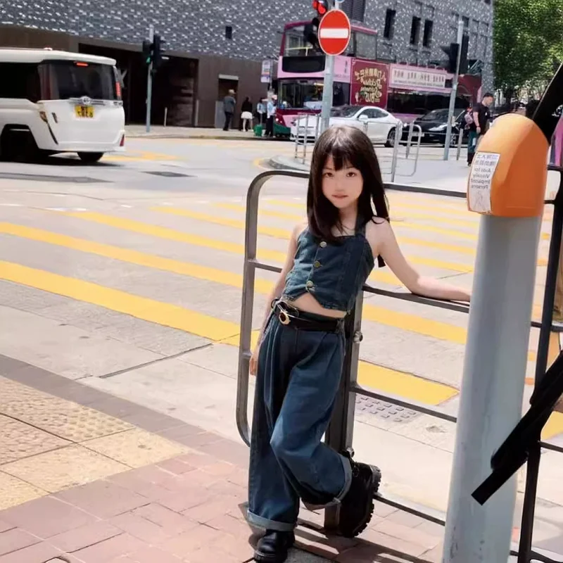 

Summer Baby Girls Cotton Slim Fit Cropped Halter Neck Washed Denim Tops+Jeans Pant Set Kids 2PCS Tracksuit Children Outfit 2-9Yr