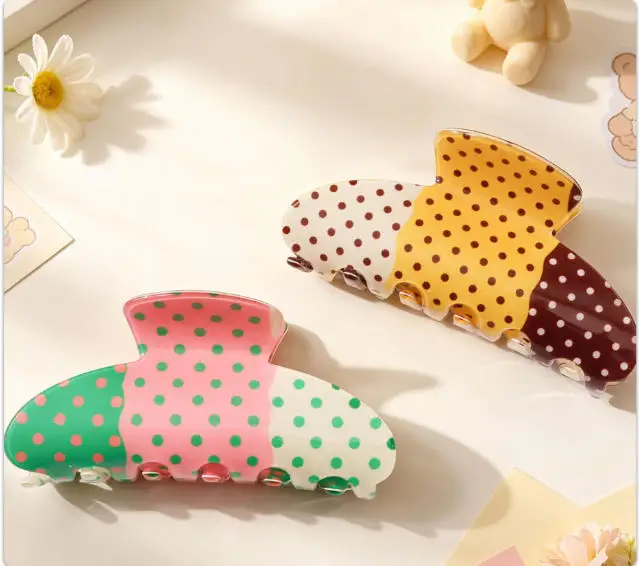 PVC Hair Claw Clips Color Block Polka Dot 5 Colors Vintage Hair Accessories for Women