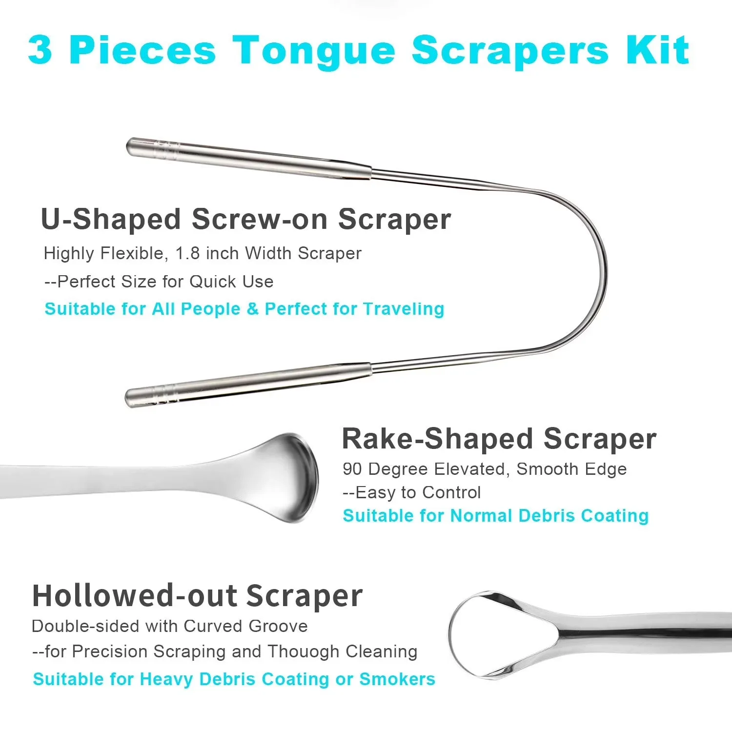 Stainless Steel Tongue Scraper, Reusable Oral Cleaning Tool, Portable Tongue Cleaner for Daily Hygiene