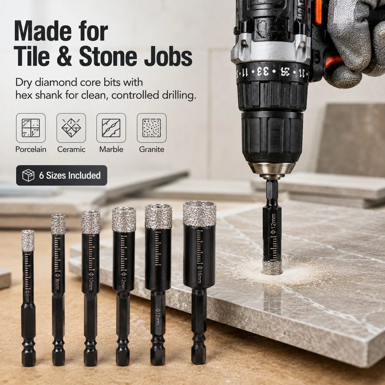 

1/2/6pc Hex Shank Dry Diamond Core Drill Bit Set Vacuum Brazed Tile Hole Saw for Porcelain Ceramic Marble Granite Glass Drilling