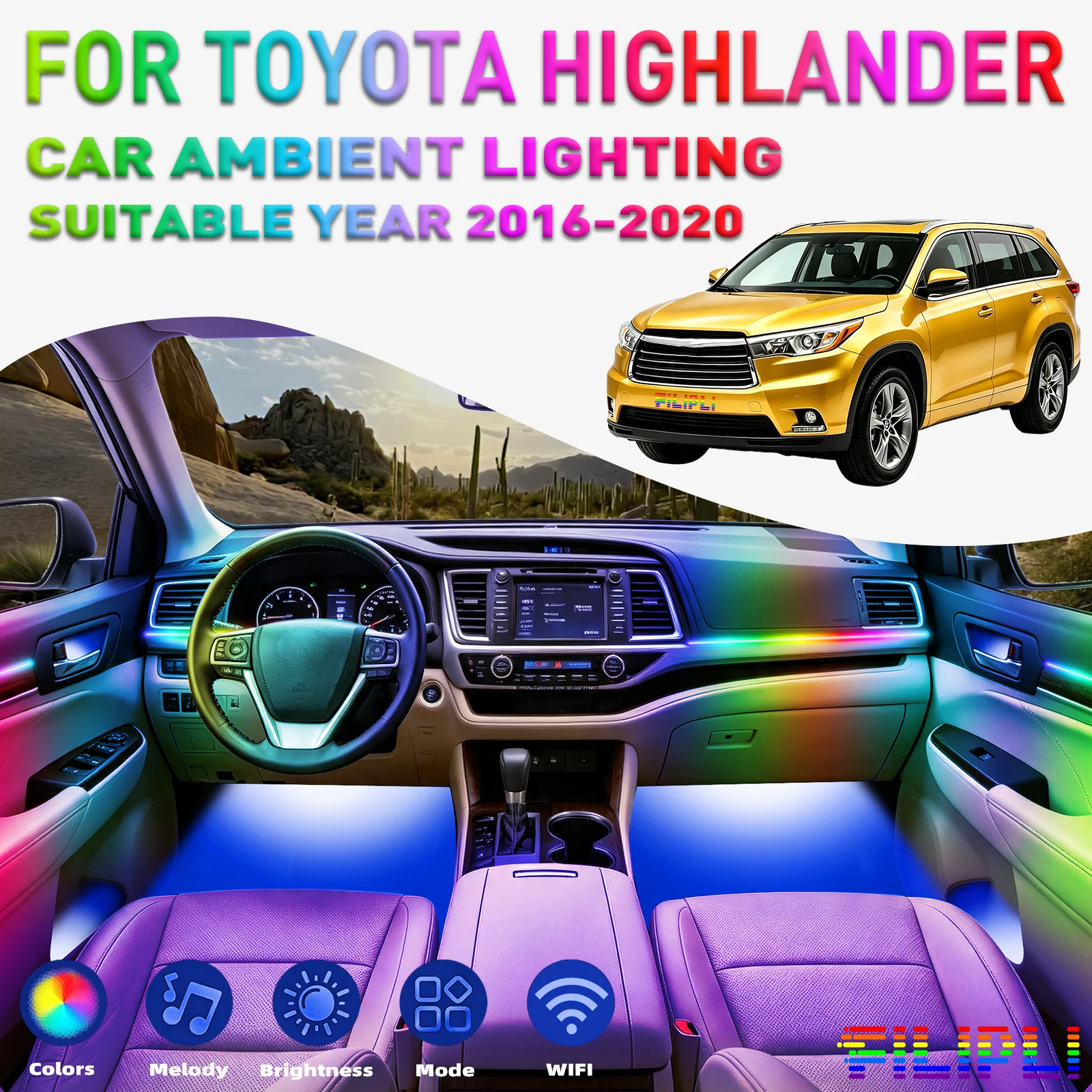 For TOYOTA Highlander 2016-2020 CAR AMBIENT LIGHTING colorful 18 Lights Kit 256 Colors Iridescent 18 in 1 LED Interior Hidden Acrylic Strip Symphony Atmosphere Lamp Neon Acrylic Light Strip Lighting and Decorative Lamps Long Standby Car Decorative Light