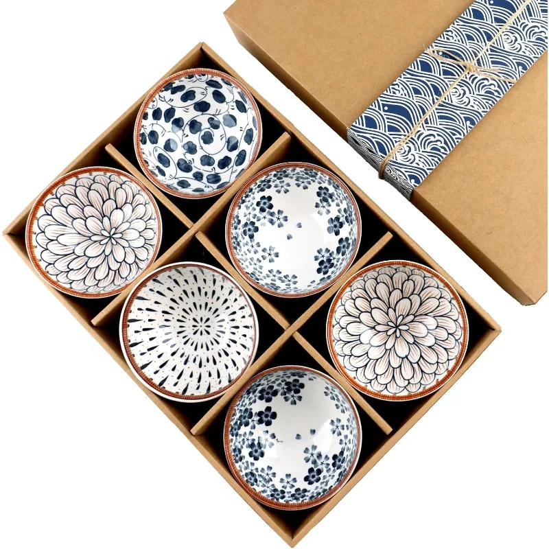 6Pcs Hand-Painted Japanese Ceramic Rice Bowls Set, Porcelain Multipurpose Bowls for Soup Cereal Noodle Fruit Dessert Snack, Packed in Elegant Gift Box