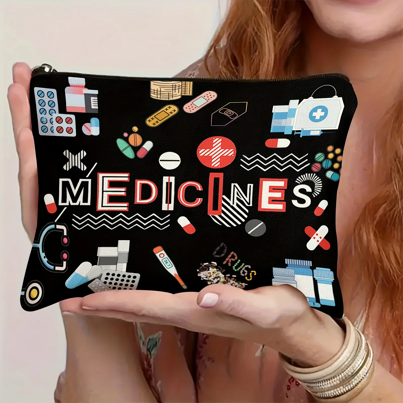 Medicine-Themed Pill Organizer Bag - Zippered Reusable Travel Pouch for Cosmetics & Essentials