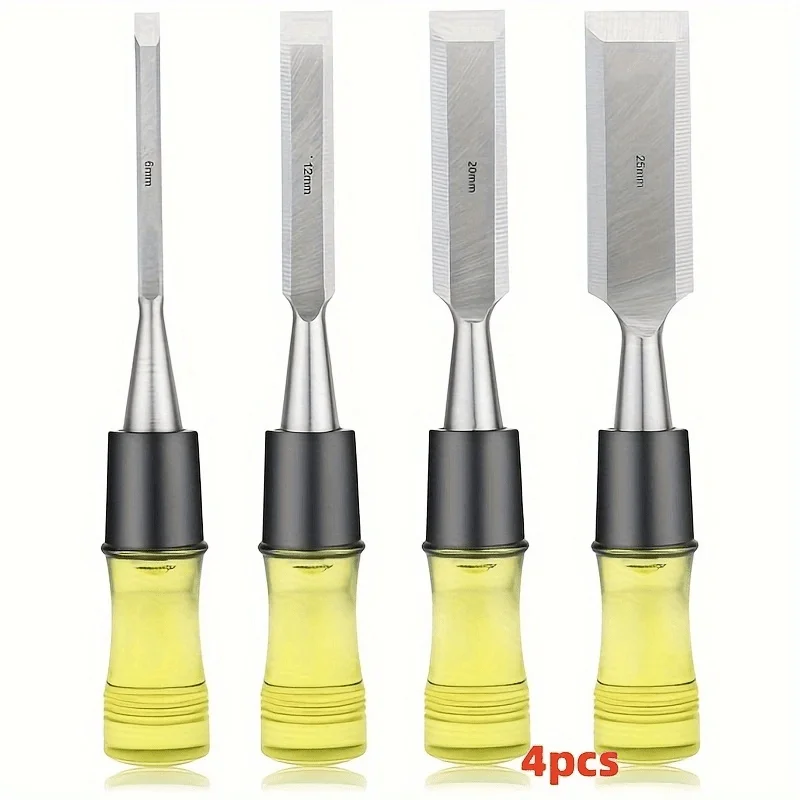 Set di scalpelli per legno da 4 pezzi per la lavorazione del legno Lama con bordo smussato in acciaio CR-V Utensile manuale per scalpello per legno con manico ad alto impatto in PVC durevole