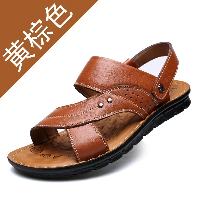 Men\'s Summer New Sandals Leather Beach Shoes Casual Men\'s Shoes Fashion Slippers Stripe Sandals Rubber  Mens Shoes