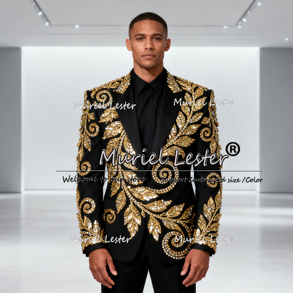 

Unique Design Beaded Stones Suits Men 2 Pieces Sets Groom Wedding Tuxedos Customized Single Breasted Prom Blazer Man Stage Dress