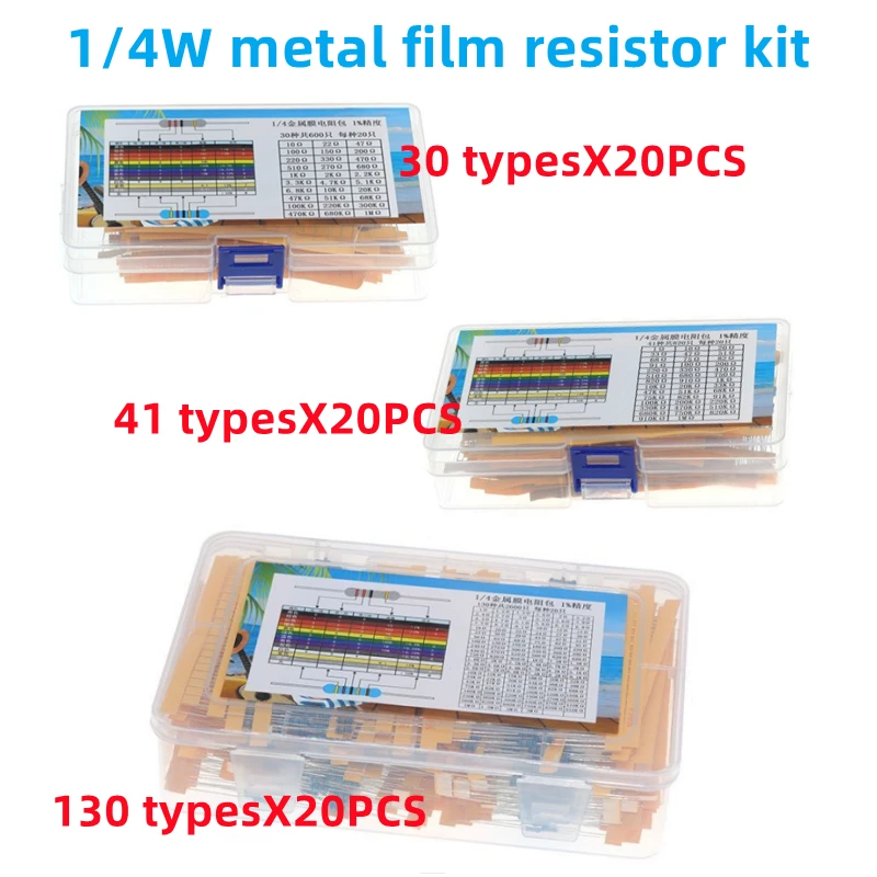 Metal film resistor kit, 1/4W resistor, 30 resistance values, 41 resistance values, 130 resistance values, 0.25W, 1% precision