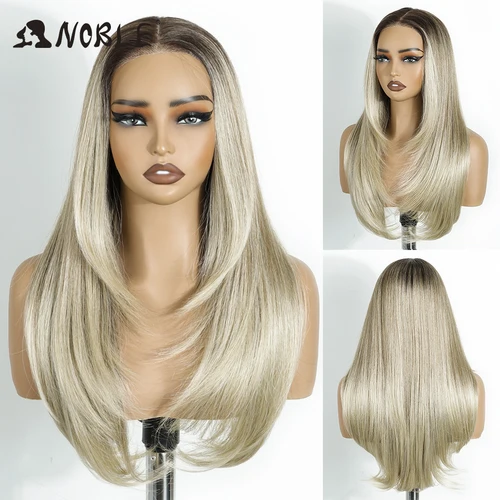 Imagen 1 del producto Peluca con malla frontal sintética Noble, peluca de encaje recta de 24 pulgadas, marrón ombré 6x4, pelucas sin pegamento prearrancadas y Go para mujer