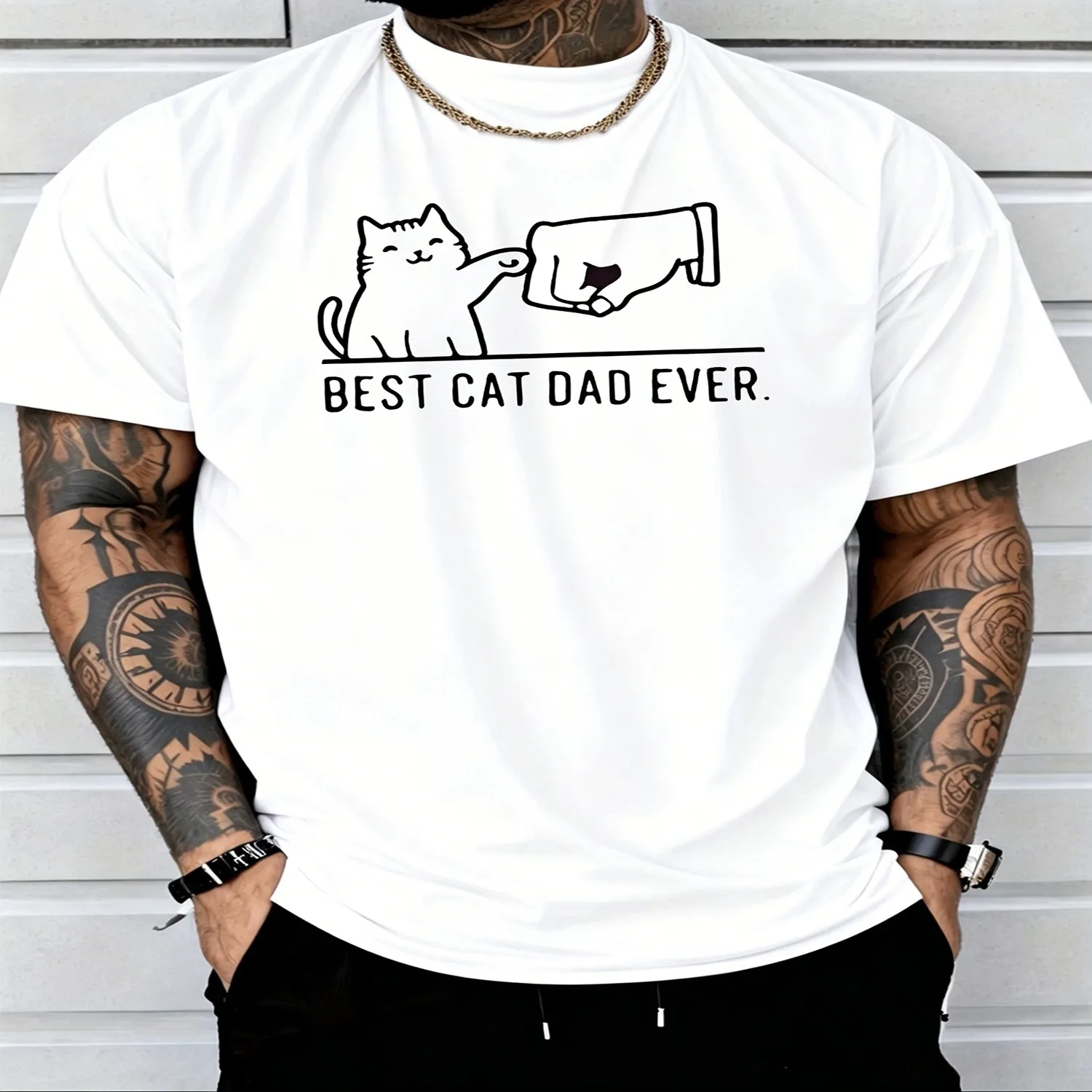 Men's Cat Dad T-Shirt with Paw Print Suitable for Cat Lovers Gift, Crew Neck Casual Tee, Machine Washable Summer Top for Cat Owners, Gift for Him, Dad, Cat-Themed Apparel Cotton Tee, Gift For Him