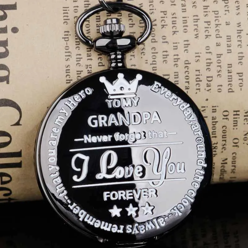 الرجال الكلاسيكية تاج "Love Grandpa Forever" ساعة جيب سوداء قلادة قلادة هدايا للرجال Reloj De Bolsillo Antiguo