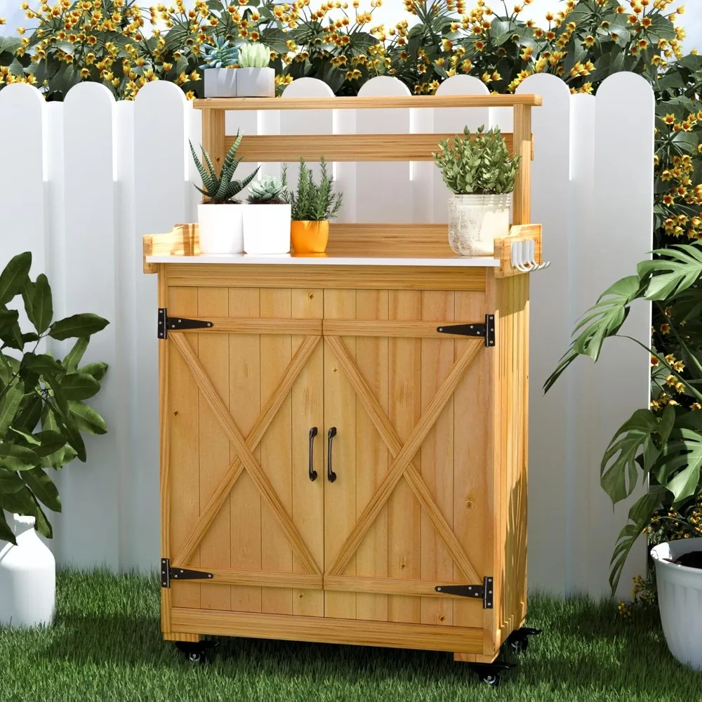 Outdoor Storage Cabinet Weatherproof,Outside Potting Bench Table,Garden Wooden Potting Bench Table with Metal Tabletop andWhells