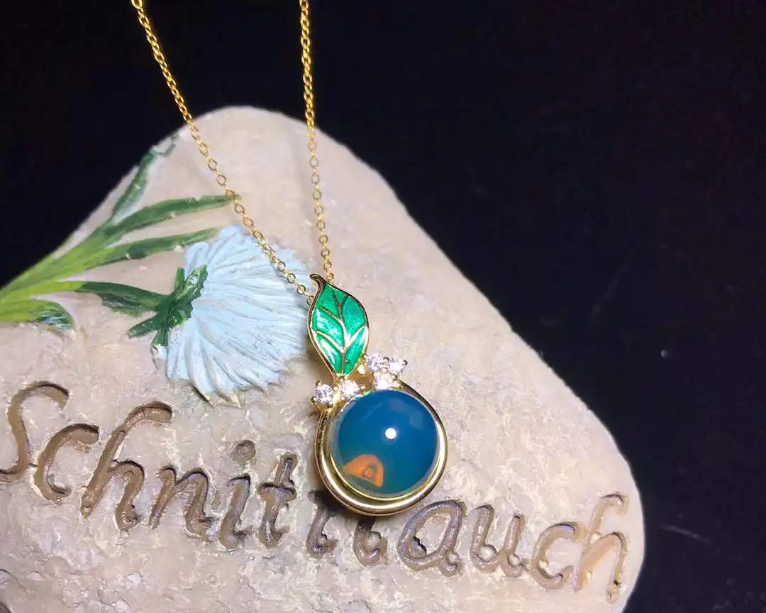 Natural Mexican Blue Amber 11mm round Leaf Pendant with Green Enamel Art Nouveau Style Sterling Silver Jewelry