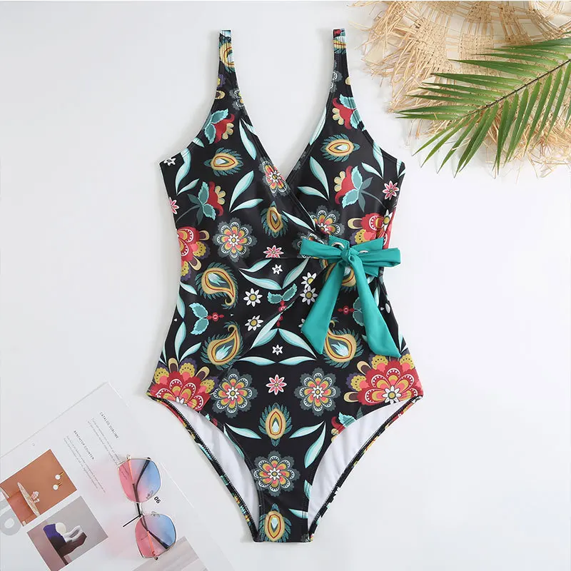 2023 Floral Swimsuit Women One Piece With Beach Skirt Tie Side Swimwear Bathers Bathing Swimming Swim Suit Beachwear Bodysuit