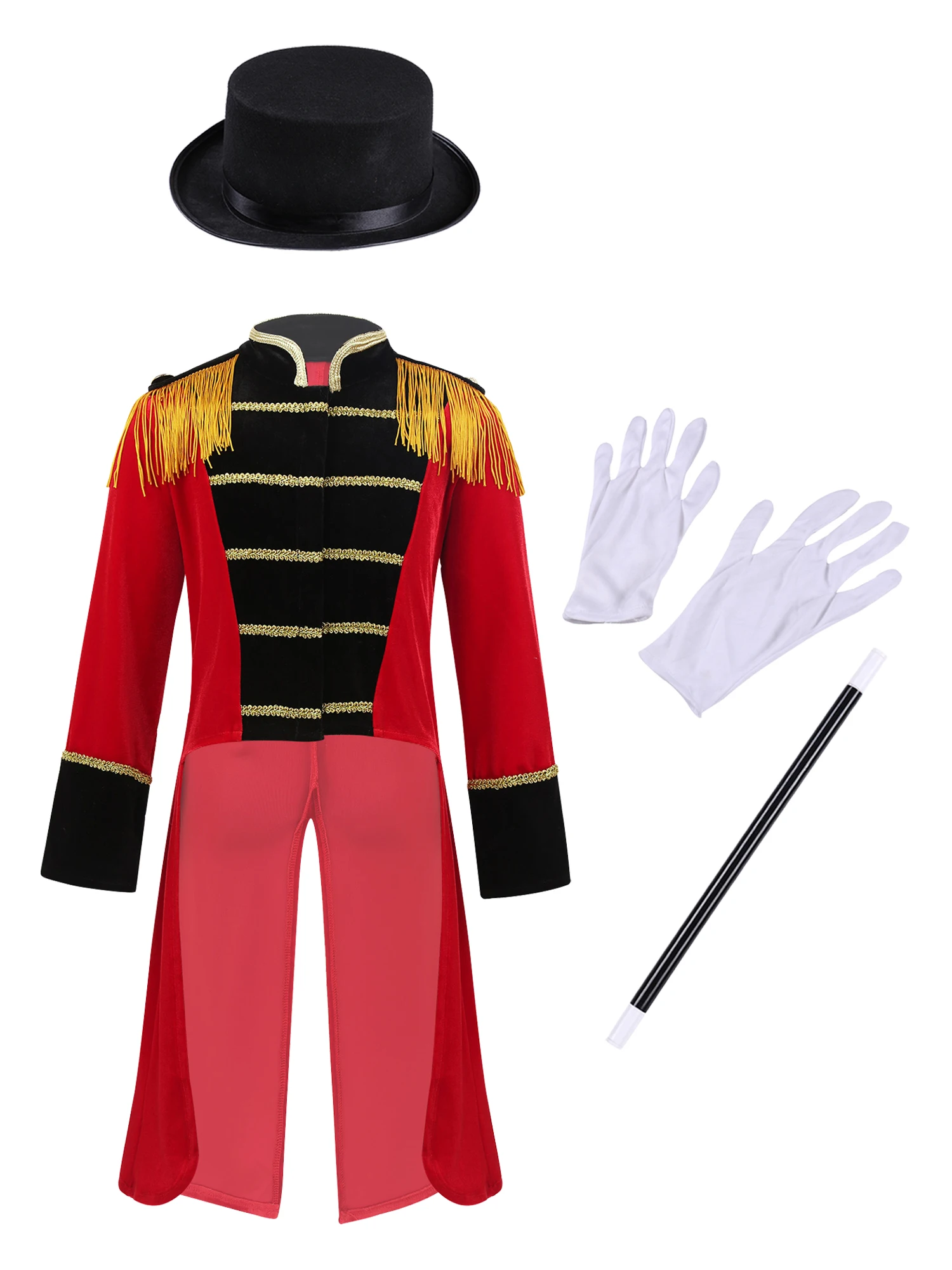 Kids Boy Circus Circusdirecteur Kostuum Set Lange Mouw Kwastje Met Hoed Toverstaf Handschoenen Carnaval Halloween Cosplay Outfit