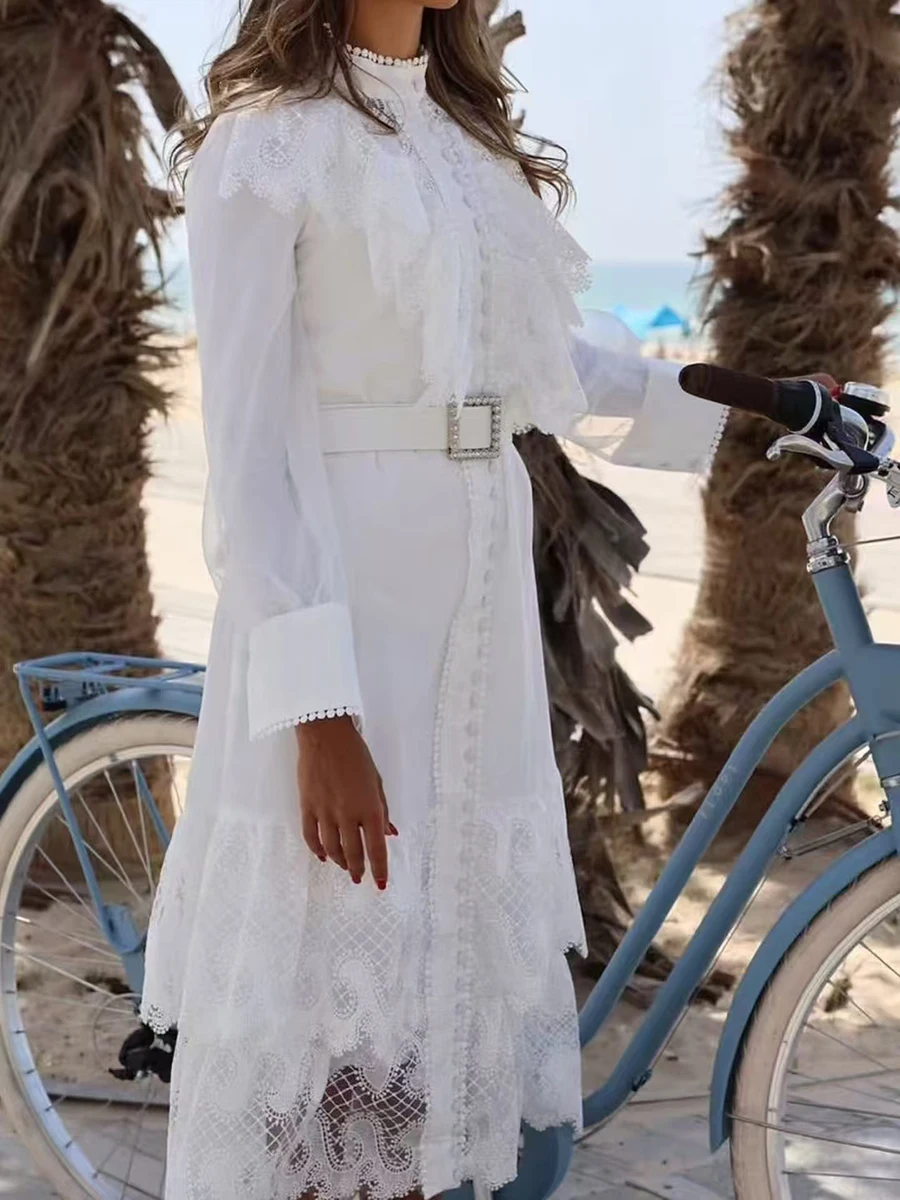 VGH White Spliced Lace Hollow Out Dress for Women Stand Collar