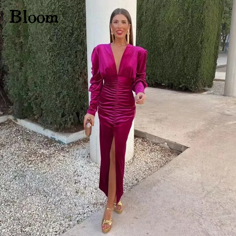 

Bloom Fushcia Velour Front Slit Prom Dresses Sexy V Neck Ruched Long Sleeves Cocktail Women Wear Night Party Short Evening Gowns