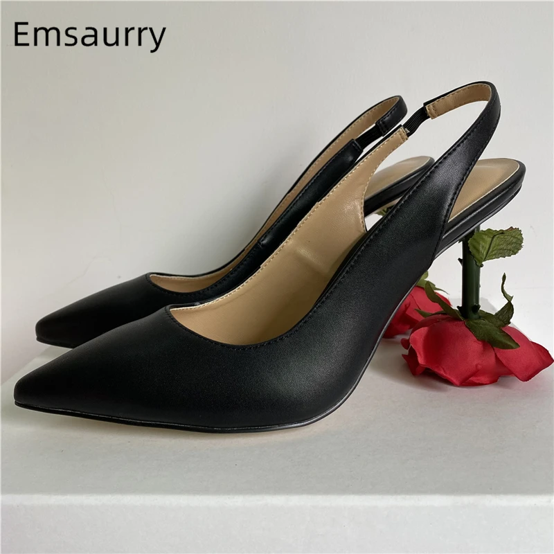 Rose Flower Strange Heel Women Pumps Sexy Pointed Toe Slingbacks Luxury Genuine Leather Slim Dress Shoes For Girls