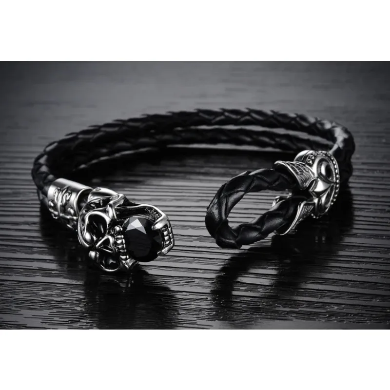Men leather bracelet black hip hop jewelry vintage accessories stainless steel steampunk skull handmade charm bracelets bangles