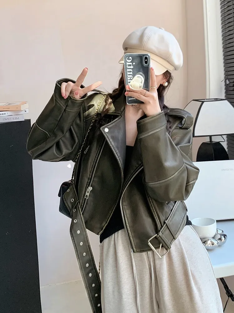 Cappotto da motociclista vintage da donna in pelle Jaet PU ort Waed Color sbiadito American Retro Sle Spring New Faion Loose Fit