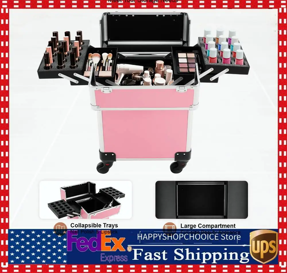 

Rolling Makeup Case Portable Cosmetics Case Lockable Cosmetics Trolley Hairdressing Travel Case Pink