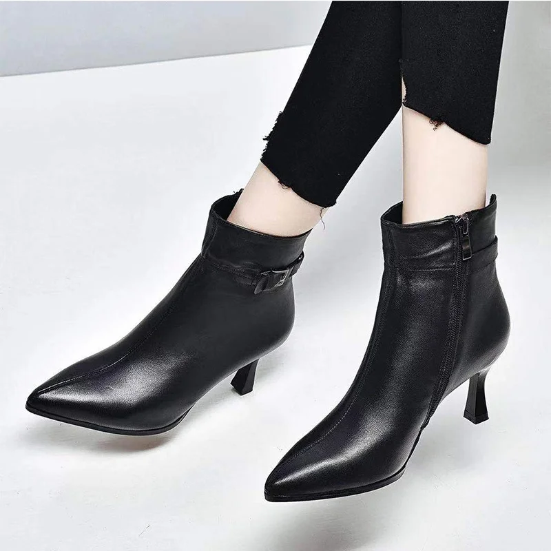 2022 Autumn and Winter New Stiletto Ankle Boots Women Pointed Toe Temperament Side Zipper Black Comfortable Women\'s Boots