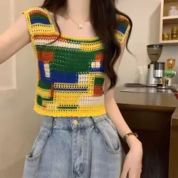 Women Crochet Crop Top Sleeveless Square Neck Openwork Colorblock Knit Tank and Cami Shirt Fairycore Cottagecore Vintage Outfit