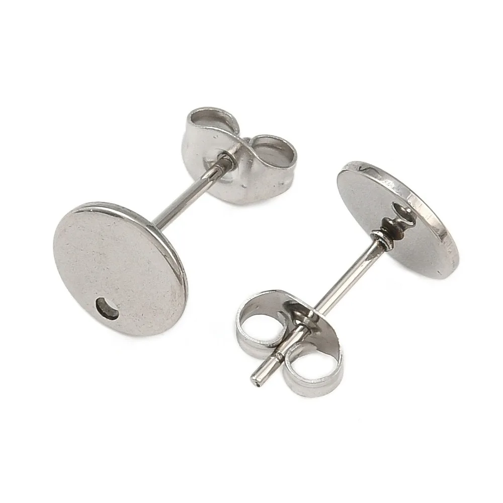 

100pcs Non-Tarnish 304 Stainless Steel Stud Earring Findings with Flat Plate and Ear Nuts Flat Round 8mm