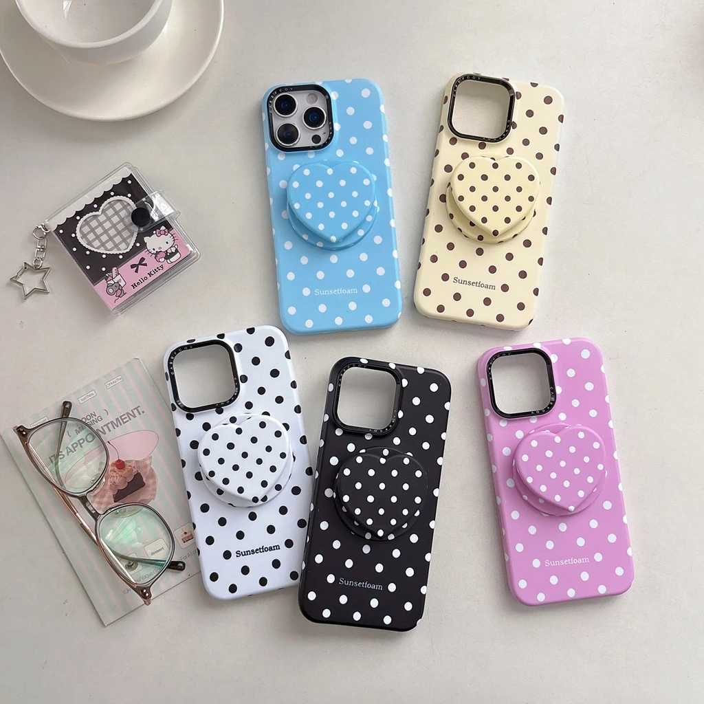 Chic Multi-Color Polka Dot With Heart Holder With Holder Magnetic Wireless Charging Phone Cover Case for iPhone 17 16 15 Pro Max