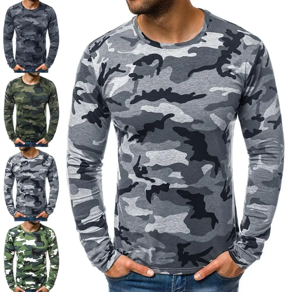 Top Men Round Neck T-shirt Male Pullover Slim Long Sleeve Camouflage T-shirts Base Autumn Tees T-shirts футболка мужская