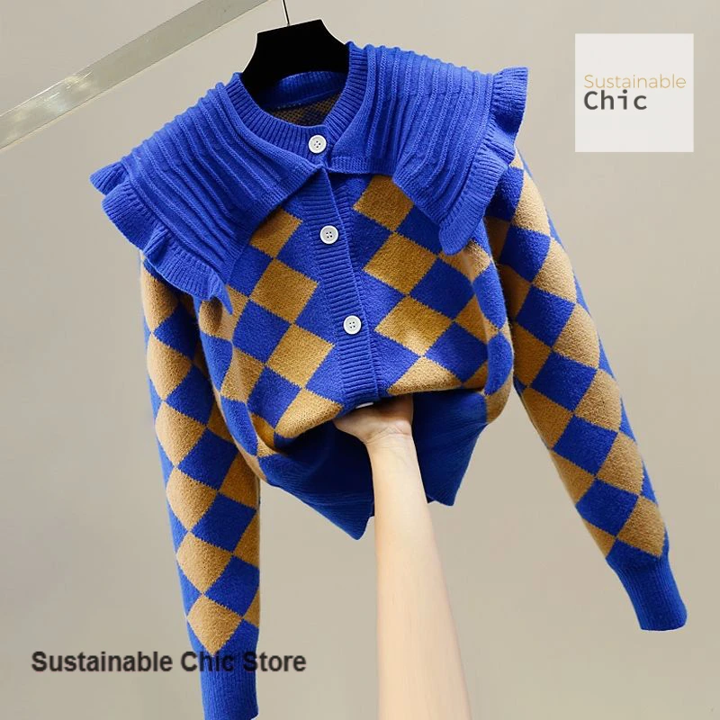 

Korean fashion contrast stitching sweet lapel single-breasted rhombic sweater cardigan women's autumn and winter wild top