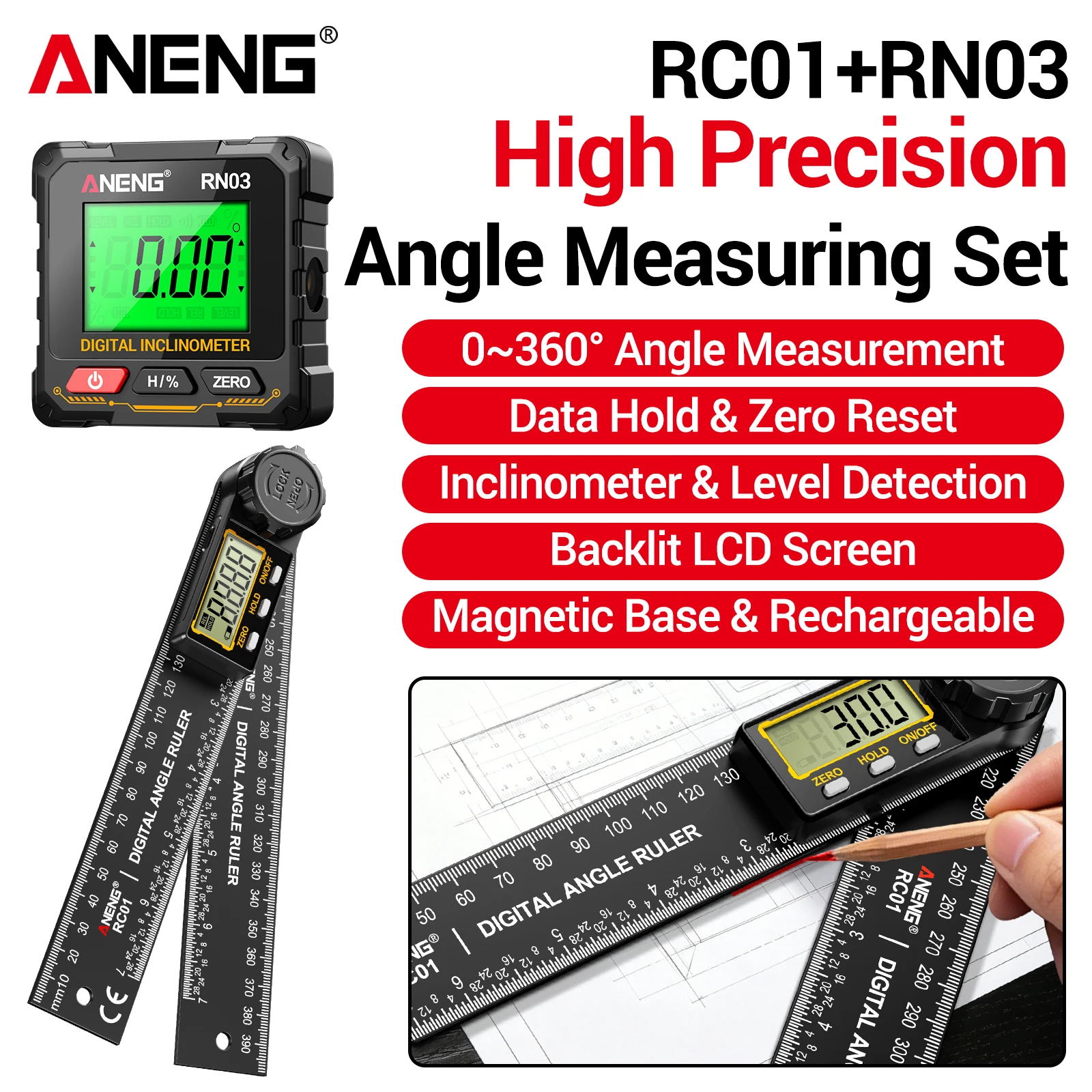 ANENG RN03+RC01 Digital Angle Meter Kit Laser Level Magnetic Protractor Data Retention Auto Shutdown Woodworking Measuring Tools