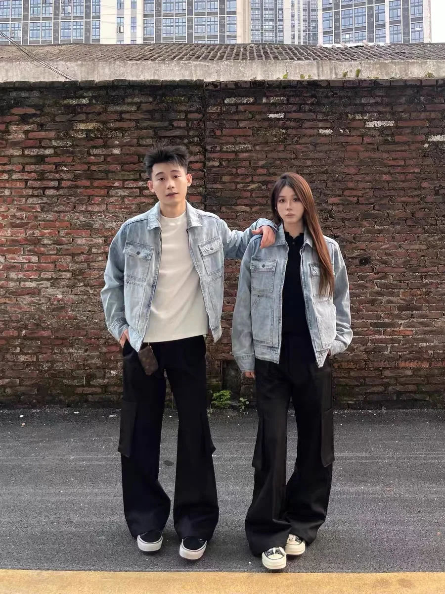 

Retro American Waed Heavy Du Denim Jaet Casual Loose ex Multi-keted Coat Youthful Trendy Long Sve Zipper