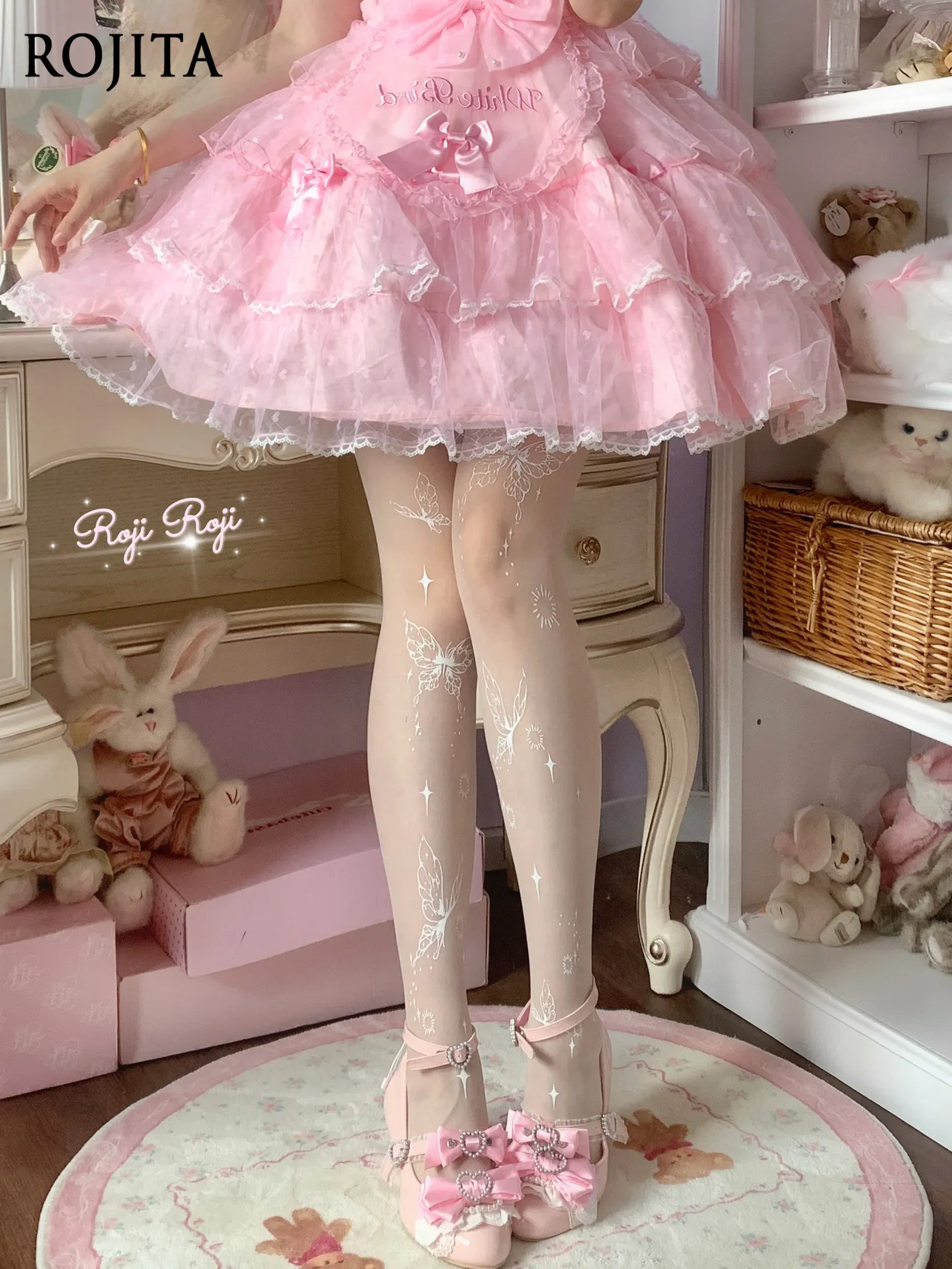 White Butterfly Star Print Pantyhose Thin Sheer Tights Kawaii Sweet Lolita Stockings Women Daily Cosplay Hosiery