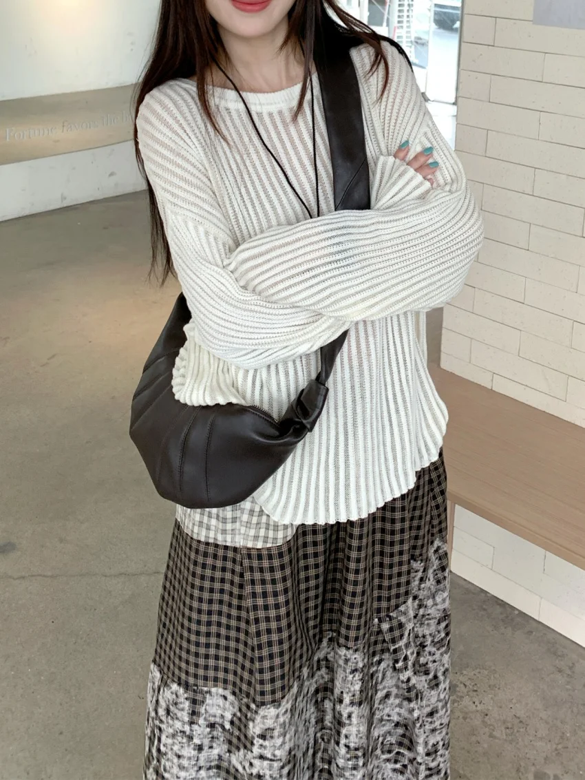 Alien Kitty Vintage A-Line Maxi Skirts Women Summer High Waist Loose Chic Hollow Out T-Shirts Office Lady Gentle Daily Slim