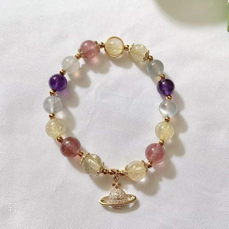 

Moonstone Rutilated Quartz Strawberry Crystal Amethyst Crystal Gold Color Bracelets for Women 14K Plated Jewelry Crystal Bracele