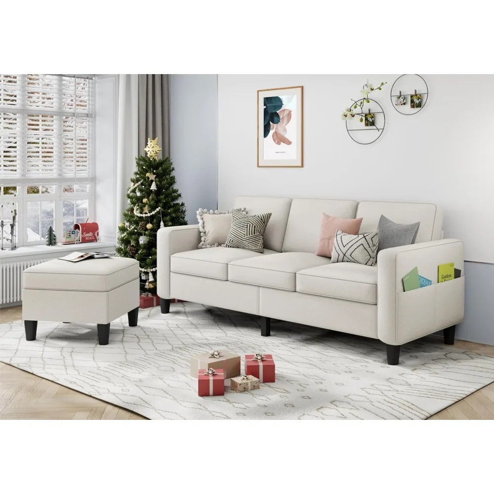 

Sectional Couches for Living Room - L Shaped Couch with Storage Ottoman - Beige Sofa 3 Seater Furniture Set Modern Linen Fabric