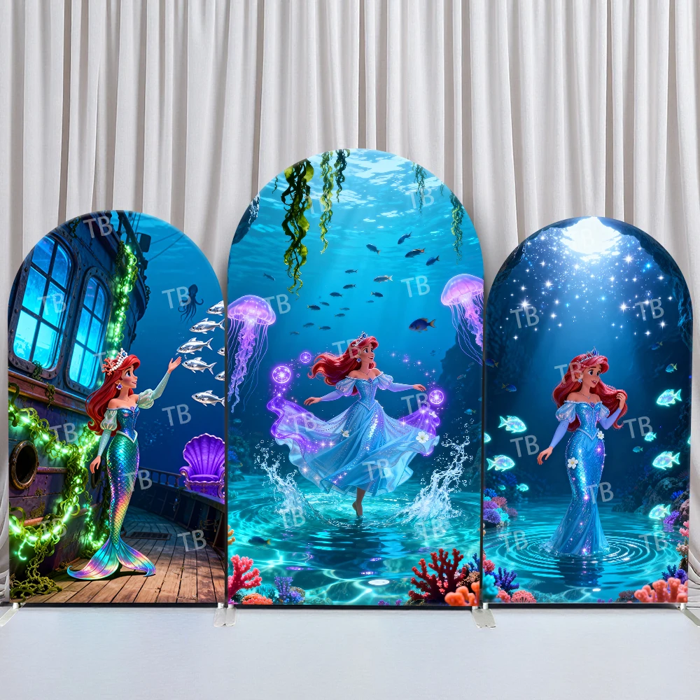 

Disney Ariel Arch Backdrop Cover Underwater Jellyfish Coral Magic Light Scene for Birthday and Baby Shower Party Photo Booth