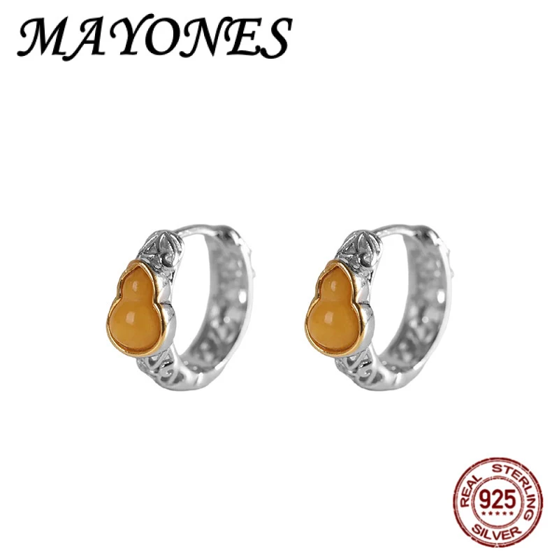 

Natural amber beeswax S925 silver fashionable hollow out Tang grass pattern gourd 14MM Hoop earrings women's gift
