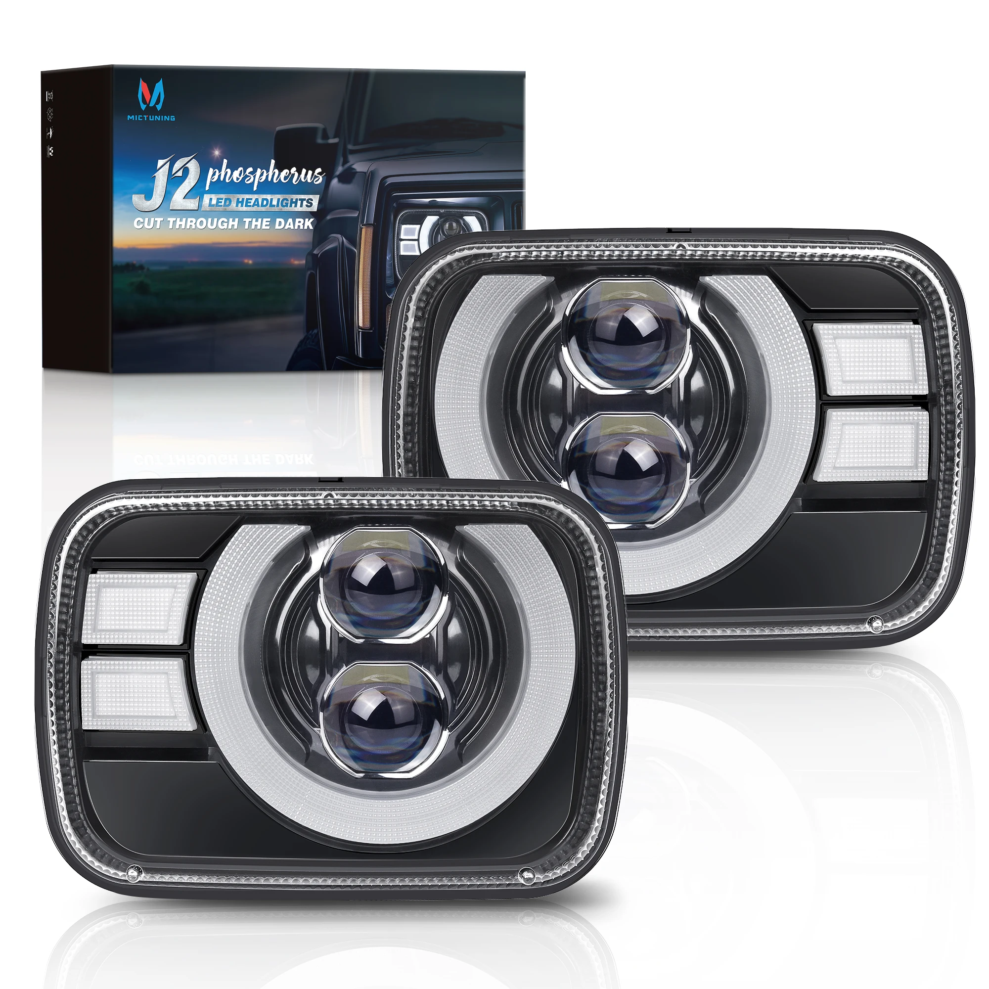 J2-Ecplise H6054 5x7 7x6 Led Headlights Hi/Low Beam DRL Turn Signal for Wrangler Cherokee Chevy GMC Ford