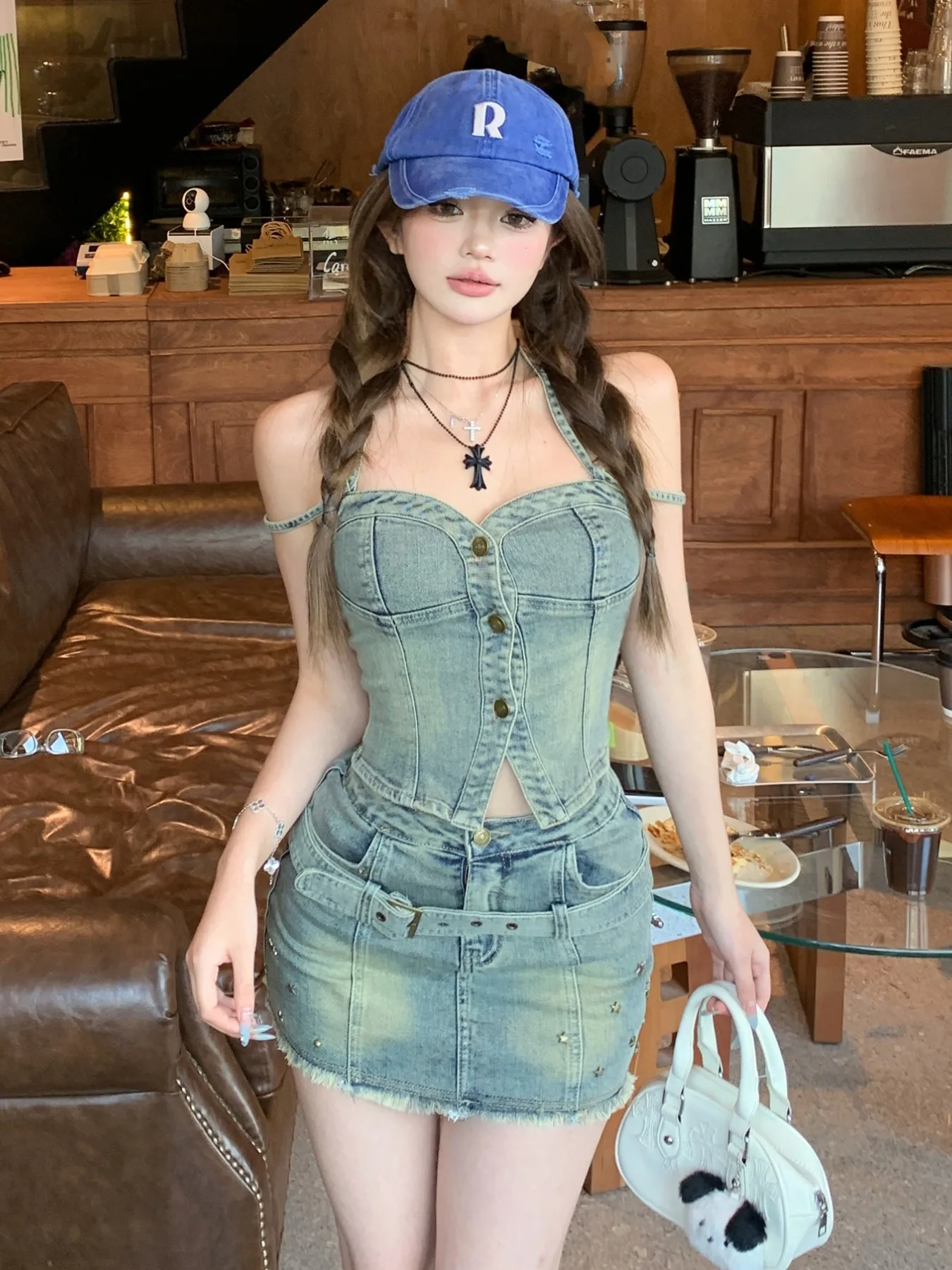 

Sexy Short Skirt Set Women's Summer New Style High Waist Denim Tube Top Strapless Skirt Two-Piece Set Casual Style Spring Summer